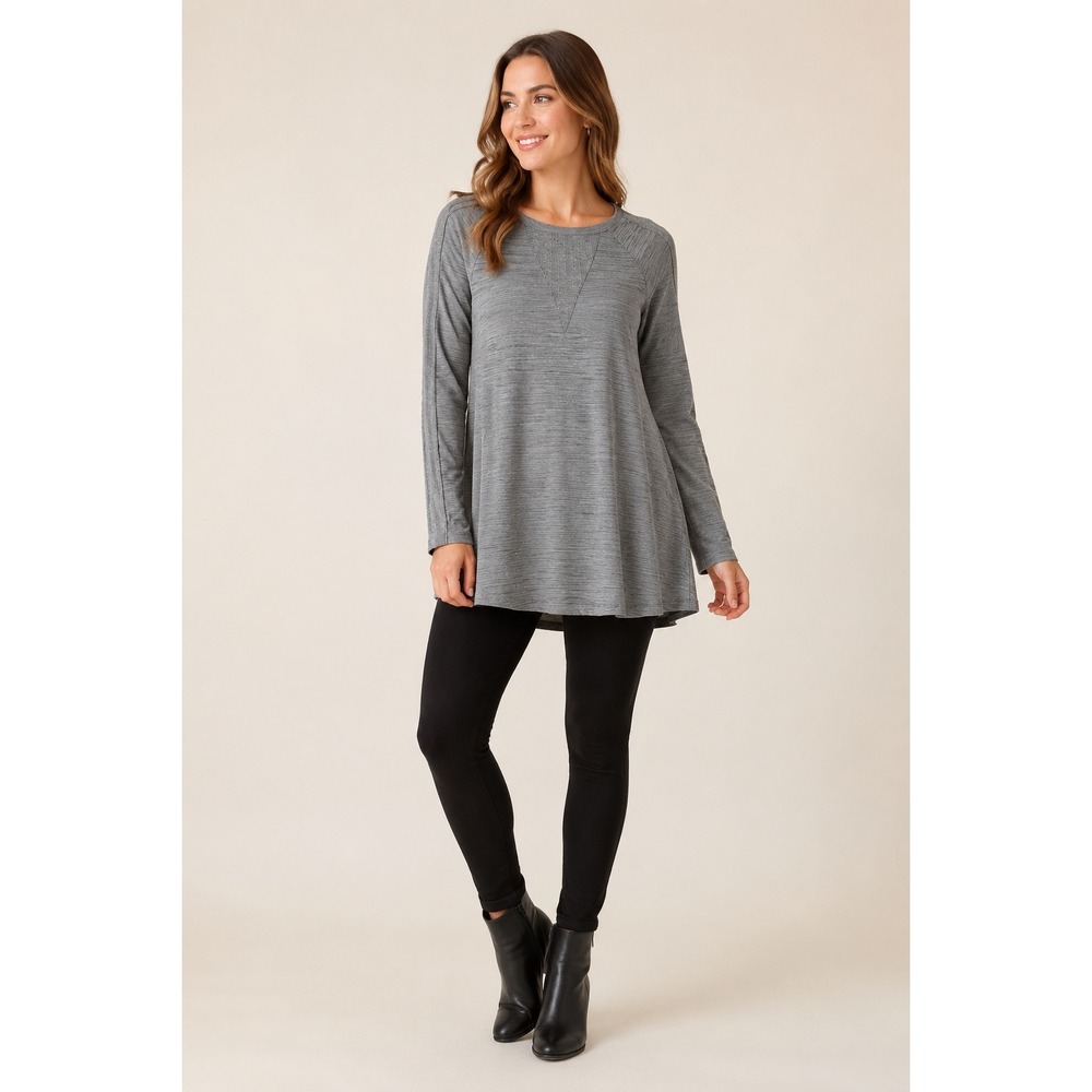 THML Grey Space Dye Crochet Detail Long Sleeve Top Minimalist Boho M TM3937